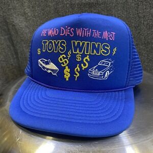 Vintage Funny Trucker Hat Cap Snapback Most Toys Wins 80s 90s Mesh Foam Blue